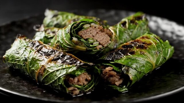Close-up of savory grilled leaf-wrapped rolls, resembling shiso maki or dolmades, served on a dark textured plate under dramatic low-key lighting.