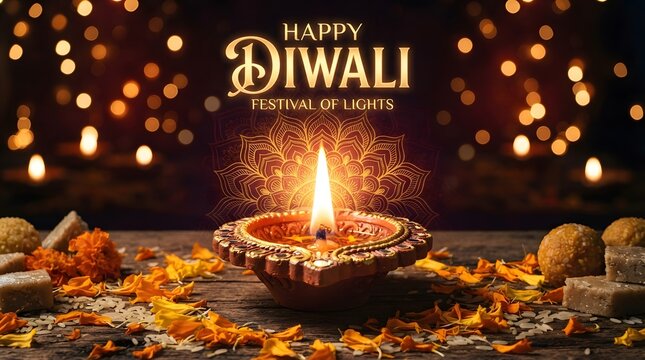 Happy diwali festival of lights celebration with a glowing traditional diya lamp, marigold flowers, and indian sweets on a rustic wooden table background