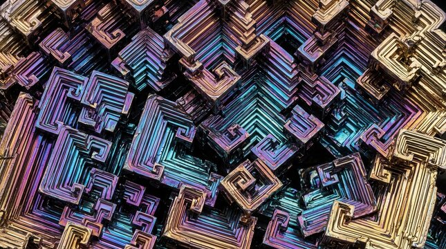 Iridescent bismuth crystal geometric structure macro texture background