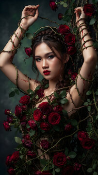 Dark fantasy portrait of a beautiful woman entwined with blooming red roses and thorny vines creating mysterious gothic romance with dramatic cinematic lighting