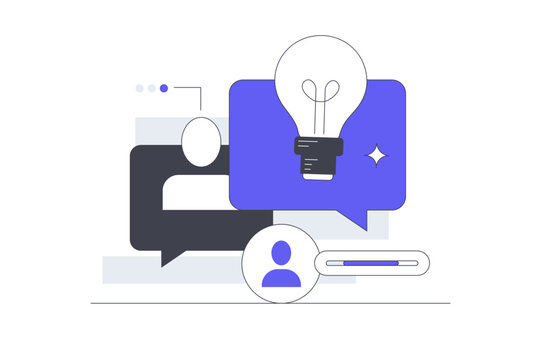 Creative Idea Exchange and User Network Connect Platform. Chat Bubbles with Glowing Lightbulb and User Profile Connection Status. Flat Cartoon Vector Illustration, icon Stylish abstract design landing