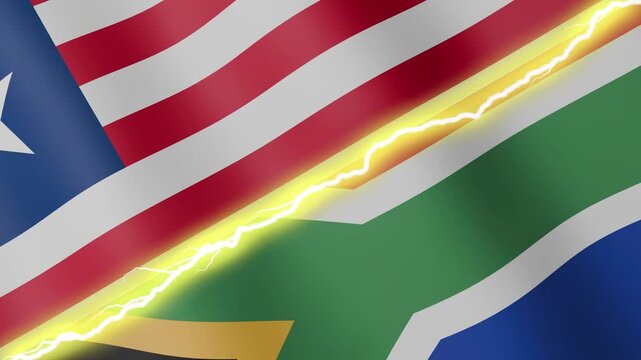 Two waving flags Liberia and South Africa with diagonal lightning seamless, 4k loop