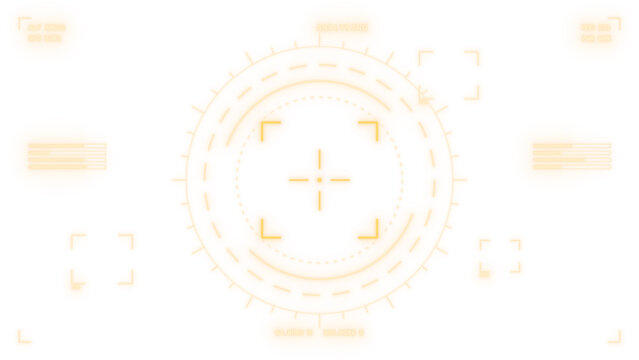 Futuristic AR HUD overlay, visor frame readout in amber orange, sci-fi user interface with side gauges and corner readouts on transparent background