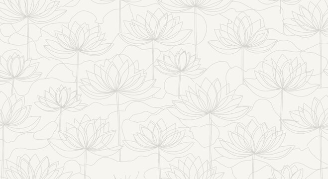 Seamless pattern of delicate outlined lotus flowers on a light, subtle background, creating an elegant and tranquil design.