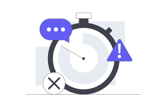 Technical System Troubleshooting and Service Operation Monitoring. Stopwatch Timer with Warning Alert Sign and Cancel Icon. Flat Cartoon Vector Illustration, icon Stylish abstract design landing page 