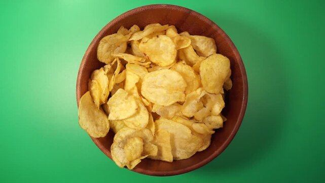 Rotation of salted potato chips in a wooden bowl close-up on a green background. Top view	
