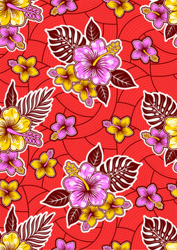 Seamless African Fabric Pattern with Hibiscus Flowers, Abstract Ankara Wax Print Leaves, Colorful Lines and Dots, Vibrant Repeating Textile Design, Modern African Fashion, Cultural Style.