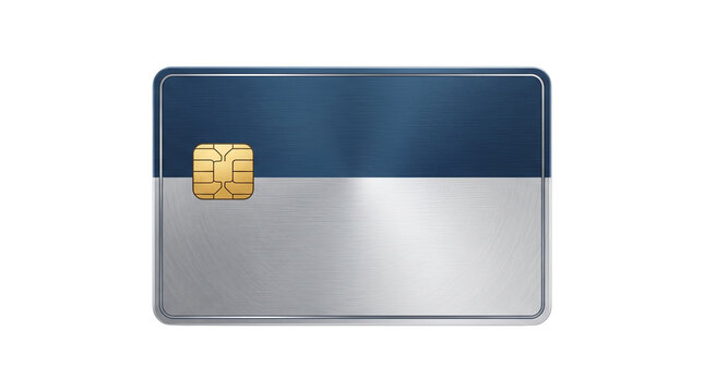 Metallic credit card with gold chip, blue and silver dual tone debit card, sleek plastic bank card for secure online payments isolated PNG with Transparent Background