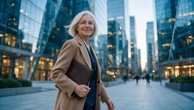 Professional business woman portrait in modern high-rise business district with glass skyscrapers and confident smile and urban sophistication