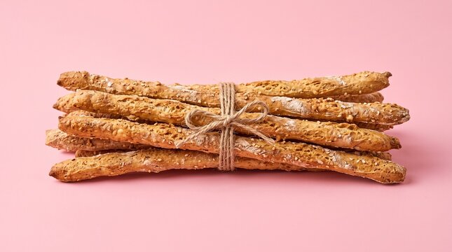 Golden crispy breadsticks tied with twine on soft pink background for gourmet food styling