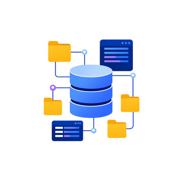 Database Management Server Data Storage and Connected Files Vector Illustration