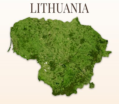 Lithuania Shaded Relief Map. Hillshaded physical terrain map illustration. Light background with title. Illustration elements derived from NASA Imagery and NASADEM Global Elevation Model.
