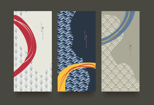 Set of Packaging templates japanese old style background fabric luxury or premium products. Asian pattern art design.