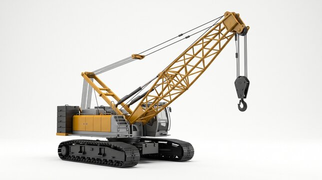 Yellow crawler lattice boom crane. Shows a truss-style boom with hook block, operator cab, counterweights, and heavy-duty tracks on a white background.