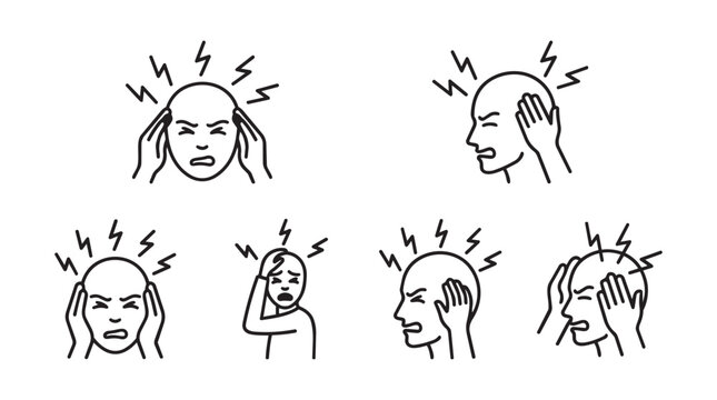 Set of severe headache and migraine outline icons featuring stressed bald person holding painful head symptom vector illustrations for medical healthcare design