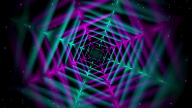 Abstract neon geometric warp tunnel with glowing cyan and magenta triangular wireframe, Futuristic cyberpunk seamless loop background featuring digital vortex perspective and particles 4k
