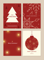 Naklejka premium Christmas and Happy holiday greeting card vector set. Elegant wallpaper with pine leaves, pinecone, christmas tree, wreath. Holidays design illustration for cover, print, poster, Happy New Year, ads.