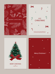 Naklejka premium Christmas and Happy holiday greeting card vector set. Elegant wallpaper with pine leaves, pinecone, christmas tree, wreath. Holidays design illustration for cover, print, poster, Happy New Year, ads.