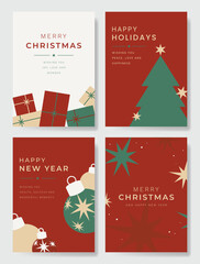 Naklejka premium Christmas and Happy holiday greeting card vector set. Elegant wallpaper with pine leaves, pinecone, christmas tree, wreath. Holidays design illustration for cover, print, poster, Happy New Year, ads.