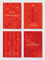 Naklejka premium Christmas and Happy holiday greeting card vector set. Elegant wallpaper with pine leaves, pinecone, christmas tree, wreath. Holidays design illustration for cover, print, poster, Happy New Year, ads.