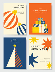 Naklejka premium Christmas and Happy holiday greeting card vector set. Elegant wallpaper with pine leaves, pinecone, christmas tree, wreath. Holidays design illustration for cover, print, poster, Happy New Year, ads.