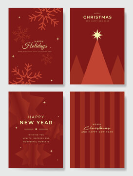 Christmas and Happy holiday greeting card vector set. Elegant wallpaper with pine leaves, pinecone, christmas tree, wreath. Holidays design illustration for cover, print, poster, Happy New Year, ads.