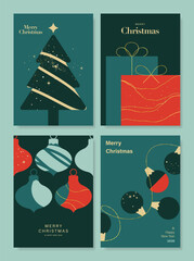 Naklejka premium Christmas and Happy holiday greeting card vector set. Elegant wallpaper with pine leaves, pinecone, christmas tree, wreath. Holidays design illustration for cover, print, poster, Happy New Year, ads.