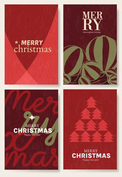 Christmas and Happy holiday greeting card vector set. Elegant wallpaper with pine leaves, pinecone, christmas tree, wreath. Holidays design illustration for cover, print, poster, Happy New Year, ads.