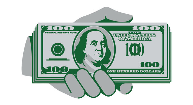Hand presenting stack of one hundred dollar bills vector illustration