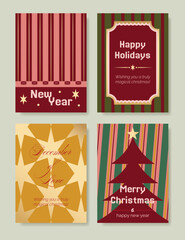 Naklejka premium Christmas and Happy holiday greeting card vector set. Elegant wallpaper with pine leaves, pinecone, christmas tree, wreath. Holidays design illustration for cover, print, poster, Happy New Year, ads.