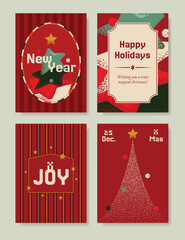 Naklejka premium Christmas and Happy holiday greeting card vector set. Elegant wallpaper with pine leaves, pinecone, christmas tree, wreath. Holidays design illustration for cover, print, poster, Happy New Year, ads.
