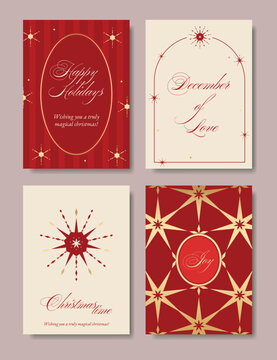 Christmas and Happy holiday greeting card vector set. Elegant wallpaper with pine leaves, pinecone, christmas tree, wreath. Holidays design illustration for cover, print, poster, Happy New Year, ads.