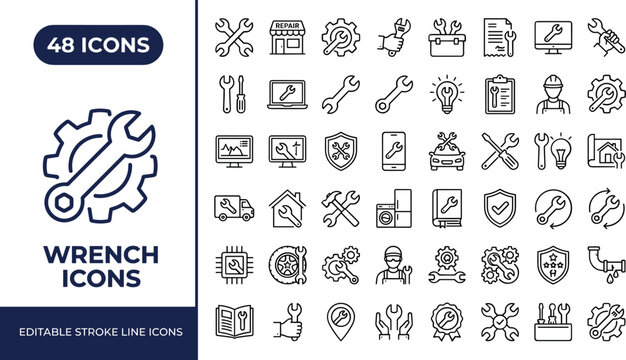 Wrench repair icon set in thin line style for workshop and maintenance service websites