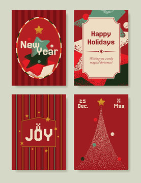 Christmas and Happy holiday greeting card vector set. Elegant wallpaper with pine leaves, pinecone, christmas tree, wreath. Holidays design illustration for cover, print, poster, Happy New Year, ads.