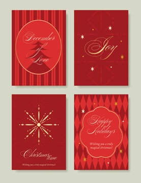 Christmas and Happy holiday greeting card vector set. Elegant wallpaper with pine leaves, pinecone, christmas tree, wreath. Holidays design illustration for cover, print, poster, Happy New Year, ads.