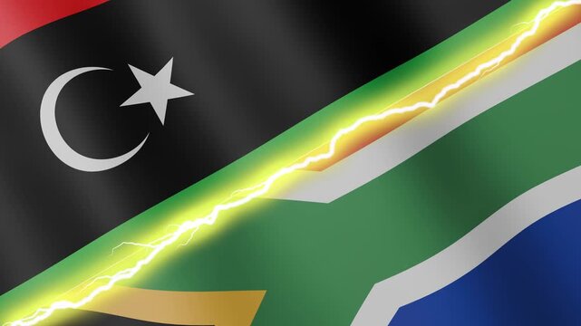 Two waving flags Libya and South Africa with diagonal lightning seamless, 4k loop