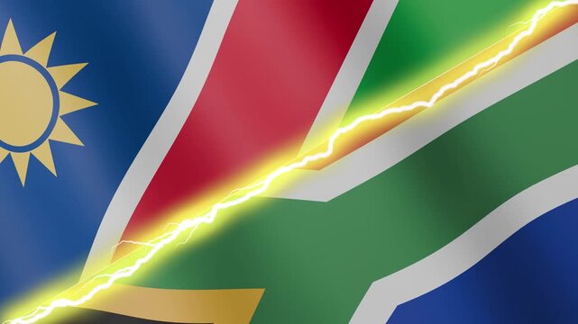 Two waving flags Namibia and South Africa with diagonal lightning seamless, 4k loop
