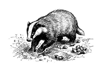 European Badger Digging for Acorns on Forest Ground Hand Drawn Rough Sketch Vector Illustration © Az to Design