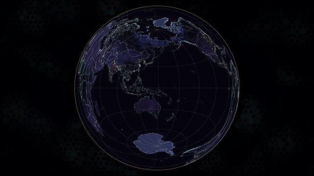 Azimuthal Equal Area. Rotating Earth at night. Glowing city lights. Animated hexagonal background. Seamless loop. 4K resolution. Night view. Elements of this animation derived from NASA imagery.