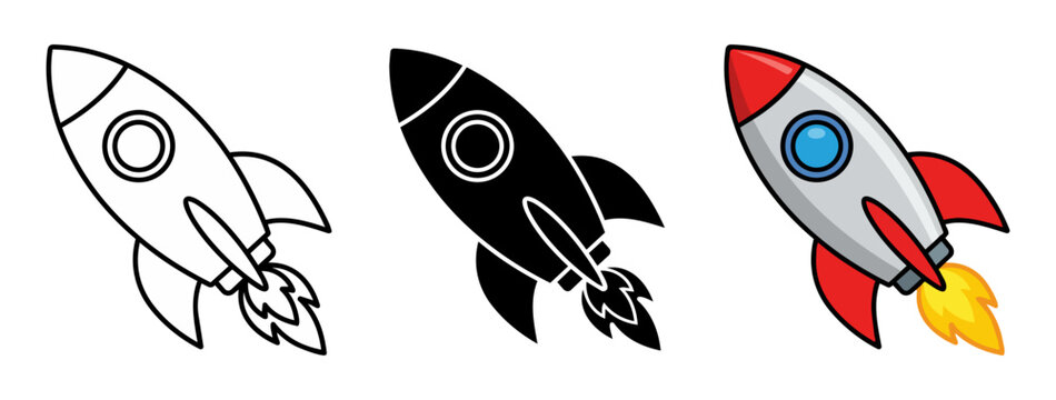 Set of spaceship rocket launch icons featuring line outline, solid black silhouette, and colorful cartoon vector illustrations for startup business design