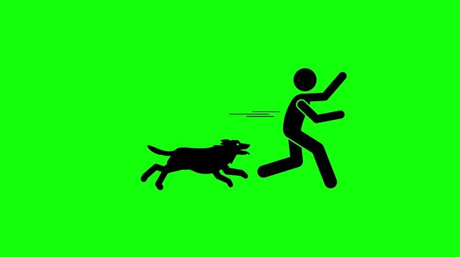 Scared Stick Figure Running Away From Chasing Dog Animated Graphic Green Screen Background Overlay