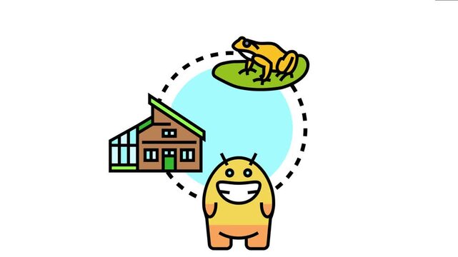 Person interacting with natural elements like frogs and modern house to enhance environment ambience, the concept of integrating wildlife in daily life with icons