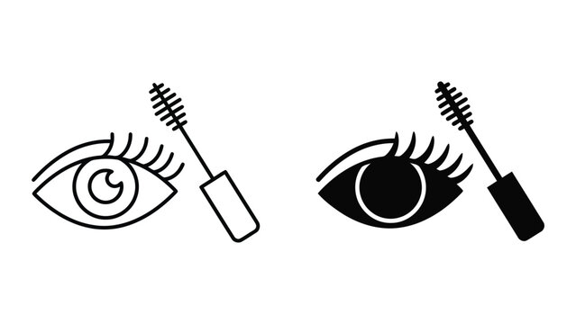 Mascara wand application on eye icons in line and silhouette style with cosmetic