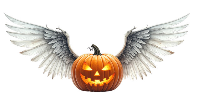 Halloween spooky jack-o'-lantern with wings, isolated on transparent background.