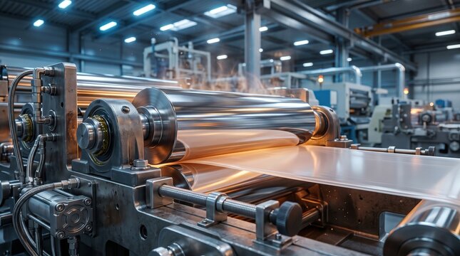 Industrial Rolling Machine Processing Sheet Metal in Modern Manufacturing Factory