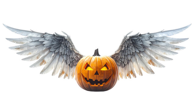 halloween spooky jack-o'-lantern with wings, isolated on transparent background