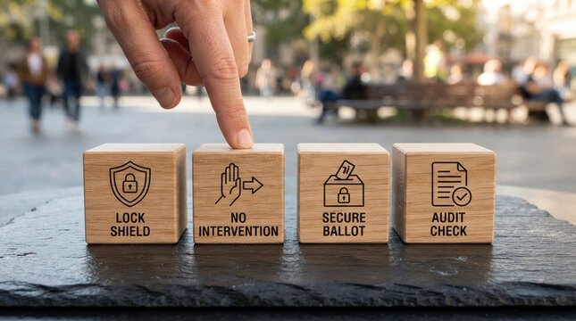 Wooden blocks featuring security concepts like lock shield, no intervention, secure ballot, and audit check icons are pushed by a human finger for electoral integrity purposes.