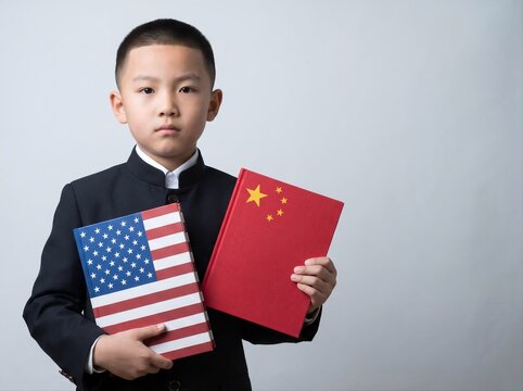 Serious asian school boy with textbooks in the color of American and Chinese flags on neutral background. Education and language learning concept. Studio portrait for banner with copy space