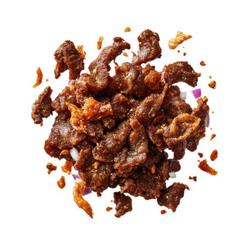 Fried beef pieces with red onion flying