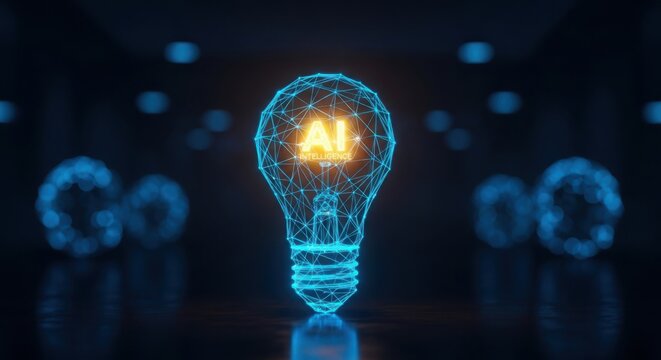 Glowing digital light bulb with AI concept on dark background illustration